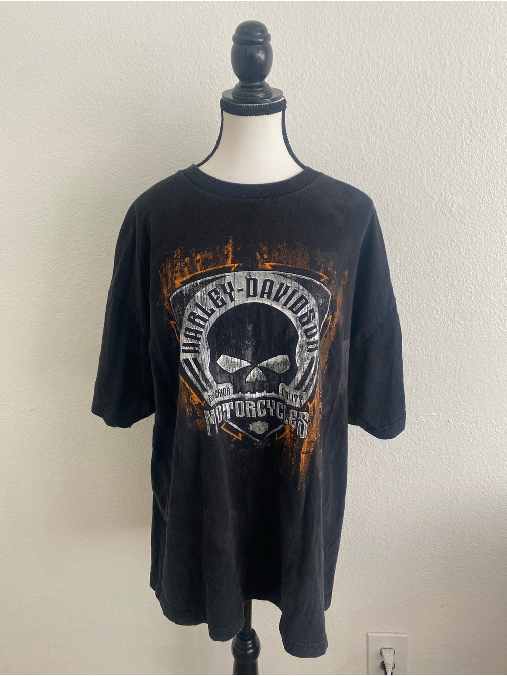 Harley-Davidson Black Tee with Orange & White Skull Emblem